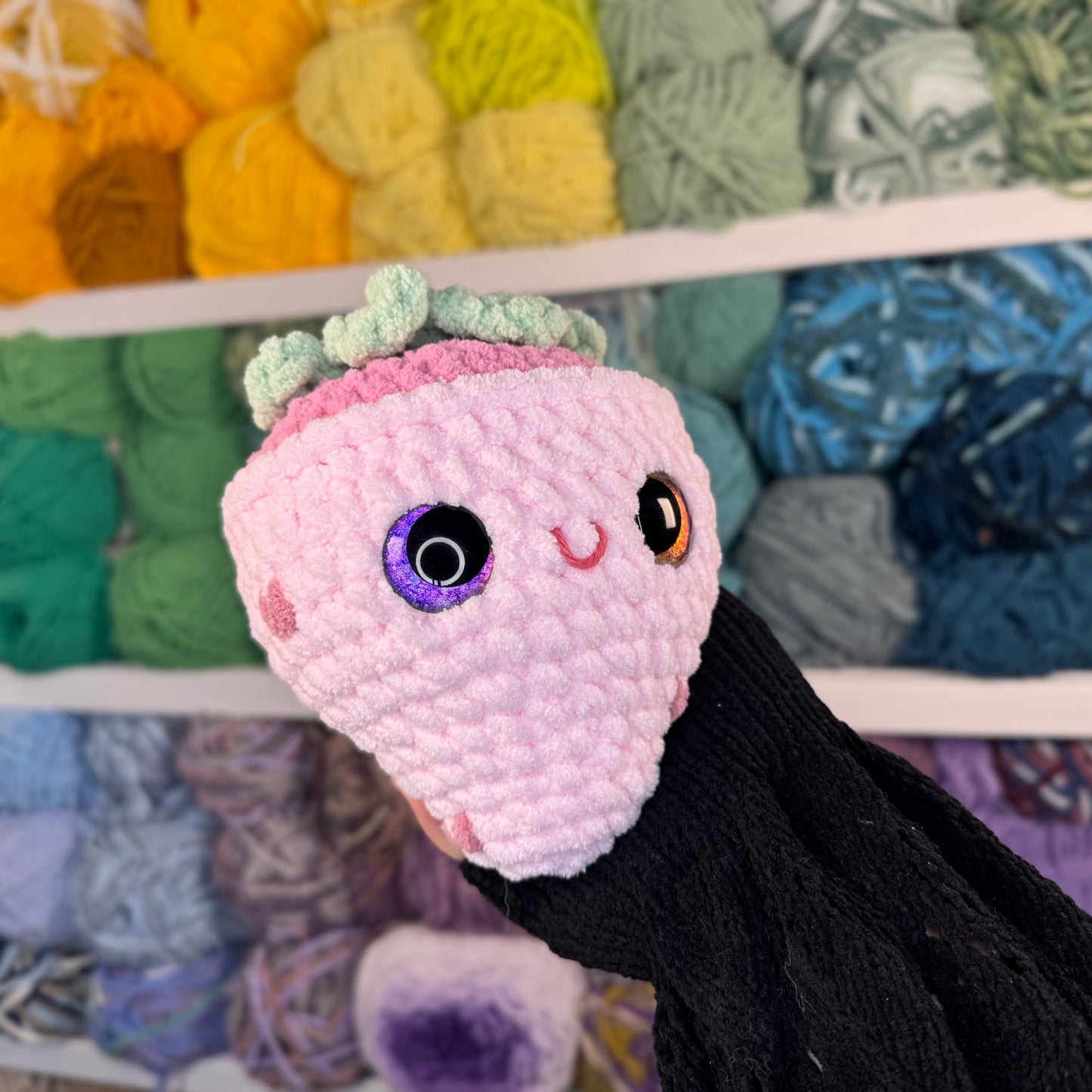 Pink Chocolate Covered Strawberry Crochet Plushie | Hand Painted Eyes