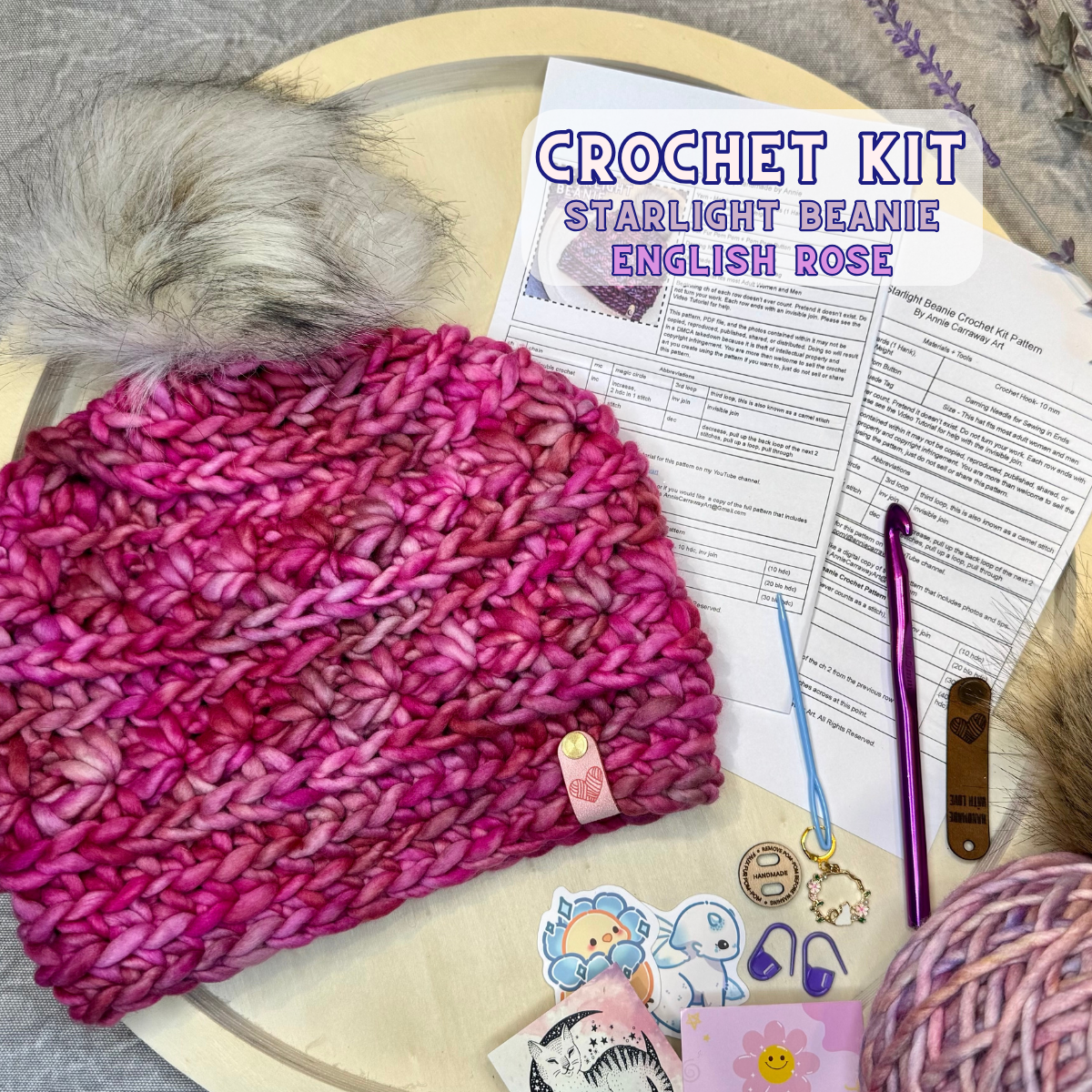 DIY Crochet Kit | Starlight Beanie | Hand Dyed Merino Wool | English Rose