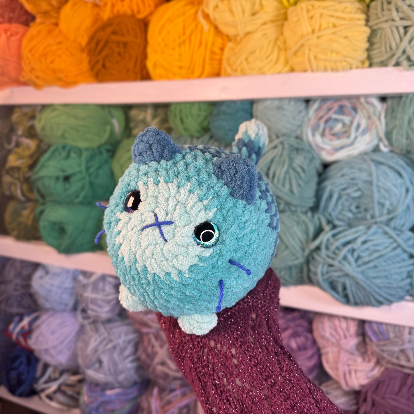 Teal Cat Crochet Plushie | Hand Painted Eyes