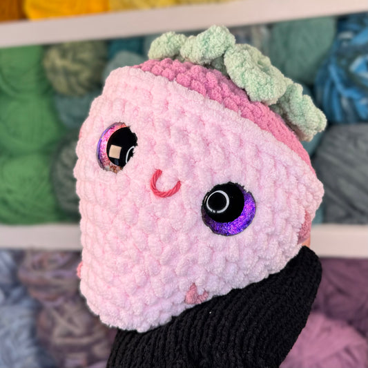 Pink Chocolate Covered Strawberry Crochet Plushie | Hand Painted Eyes
