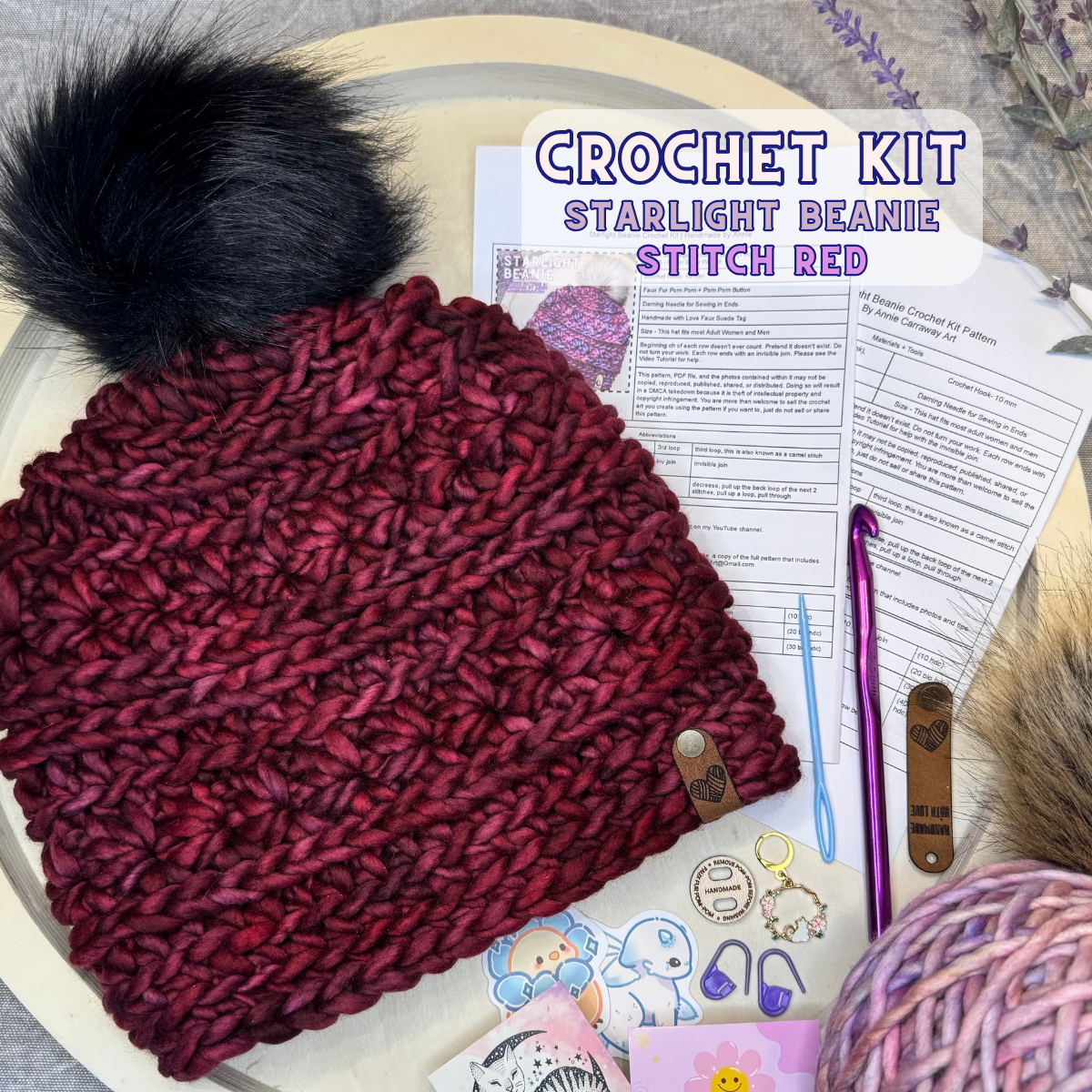 DIY Crochet Kit | Starlight Beanie | Hand Dyed Merino Wool | Stitch Red