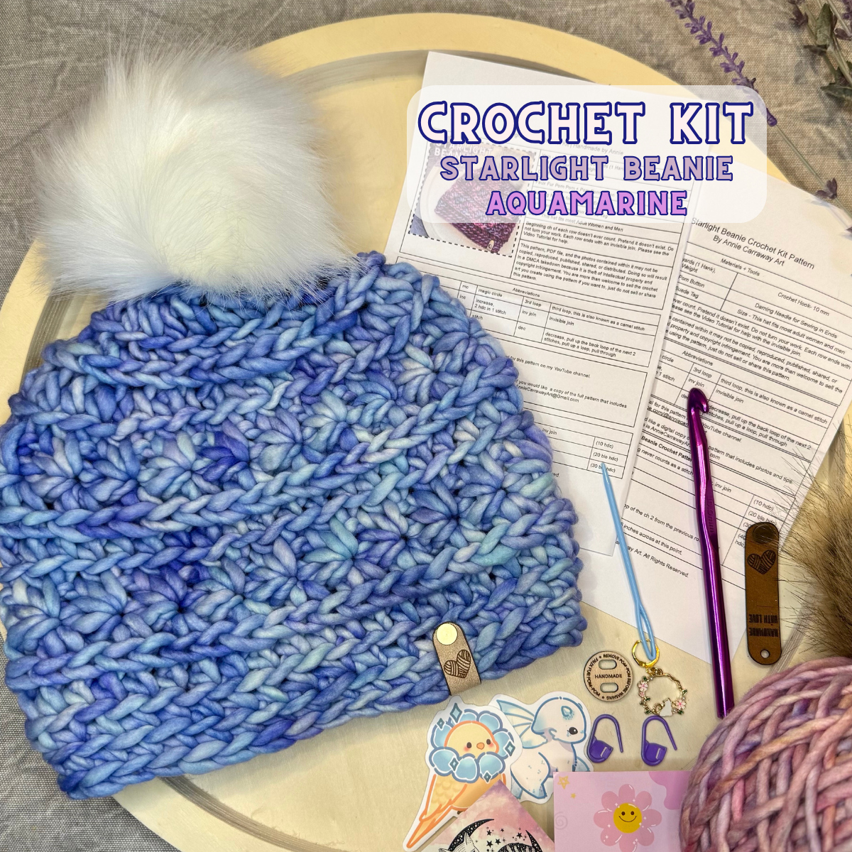 DIY Crochet Kit | Starlight Beanie | Hand Dyed Merino Wool | Aquamarine