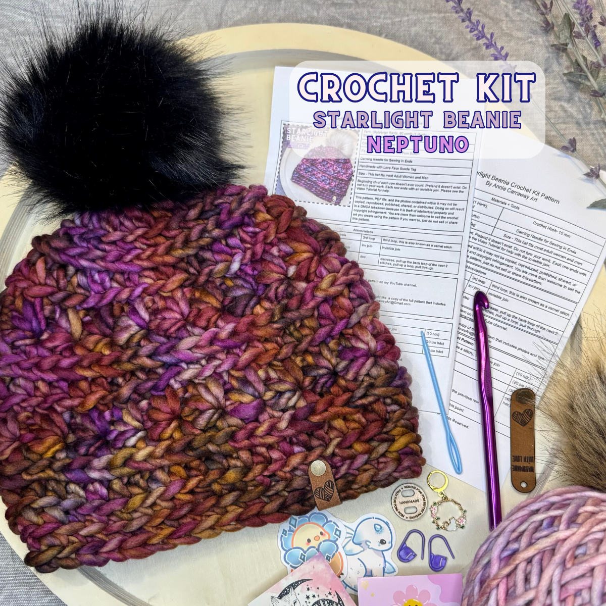 DIY Crochet Kit | Starlight Beanie | Hand Dyed Merino Wool | Neptuno