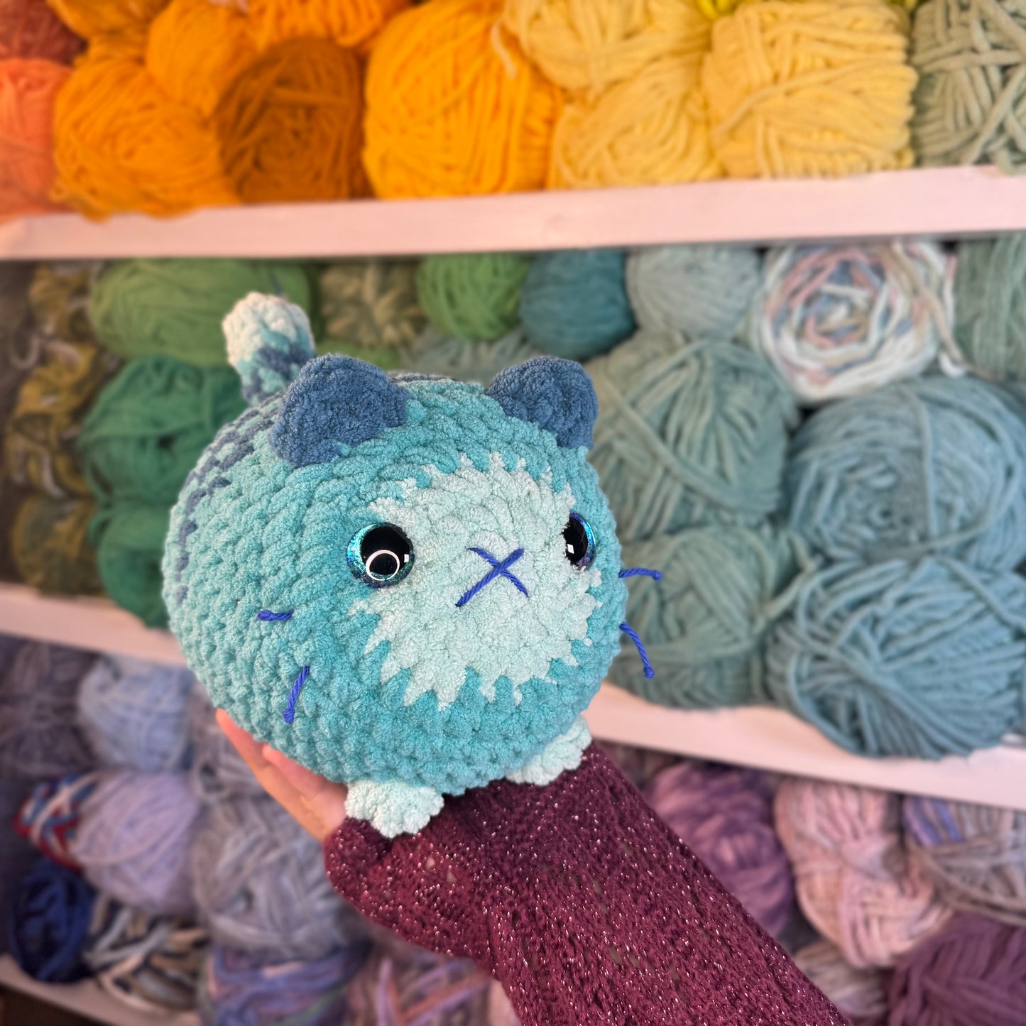 Teal Cat Crochet Plushie | Hand Painted Eyes