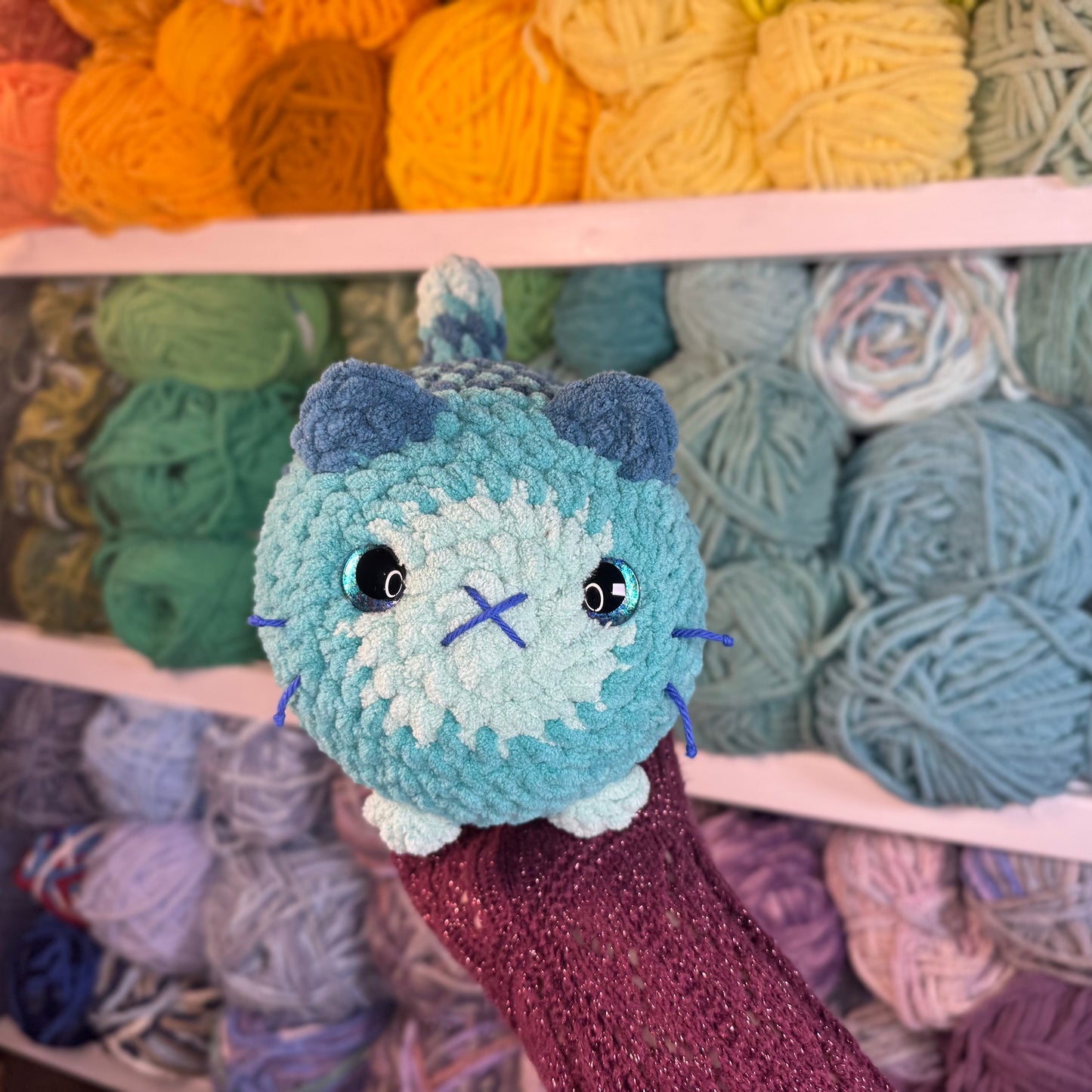 Teal Cat Crochet Plushie | Hand Painted Eyes