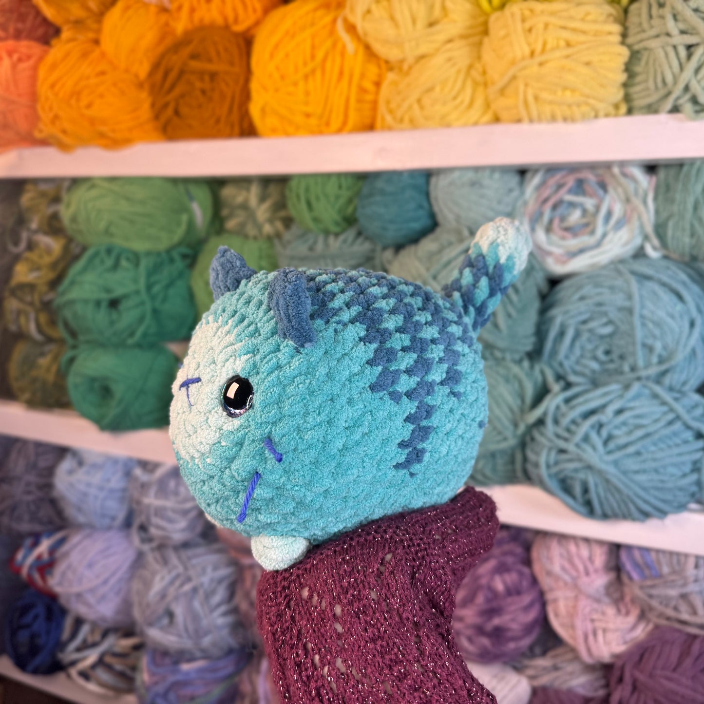 Teal Cat Crochet Plushie | Hand Painted Eyes