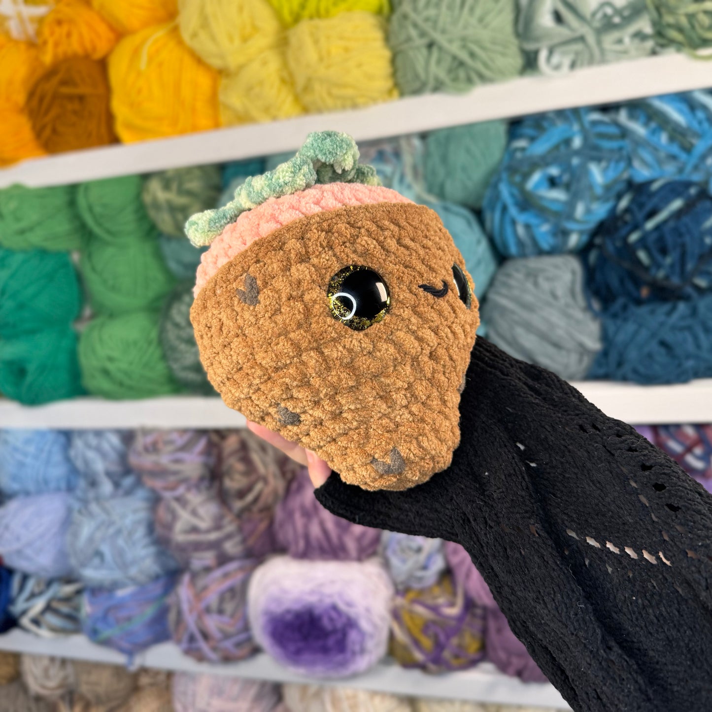 Chocolate Covered Strawberry Crochet Plushie | Hand Painted Eyes