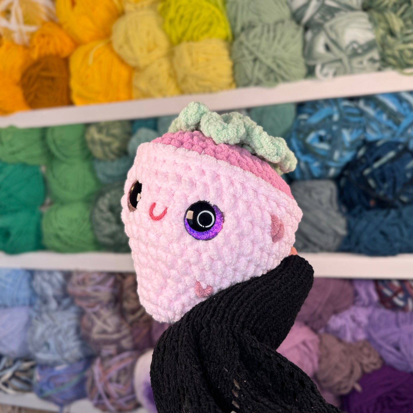 Pink Chocolate Covered Strawberry Crochet Plushie | Hand Painted Eyes