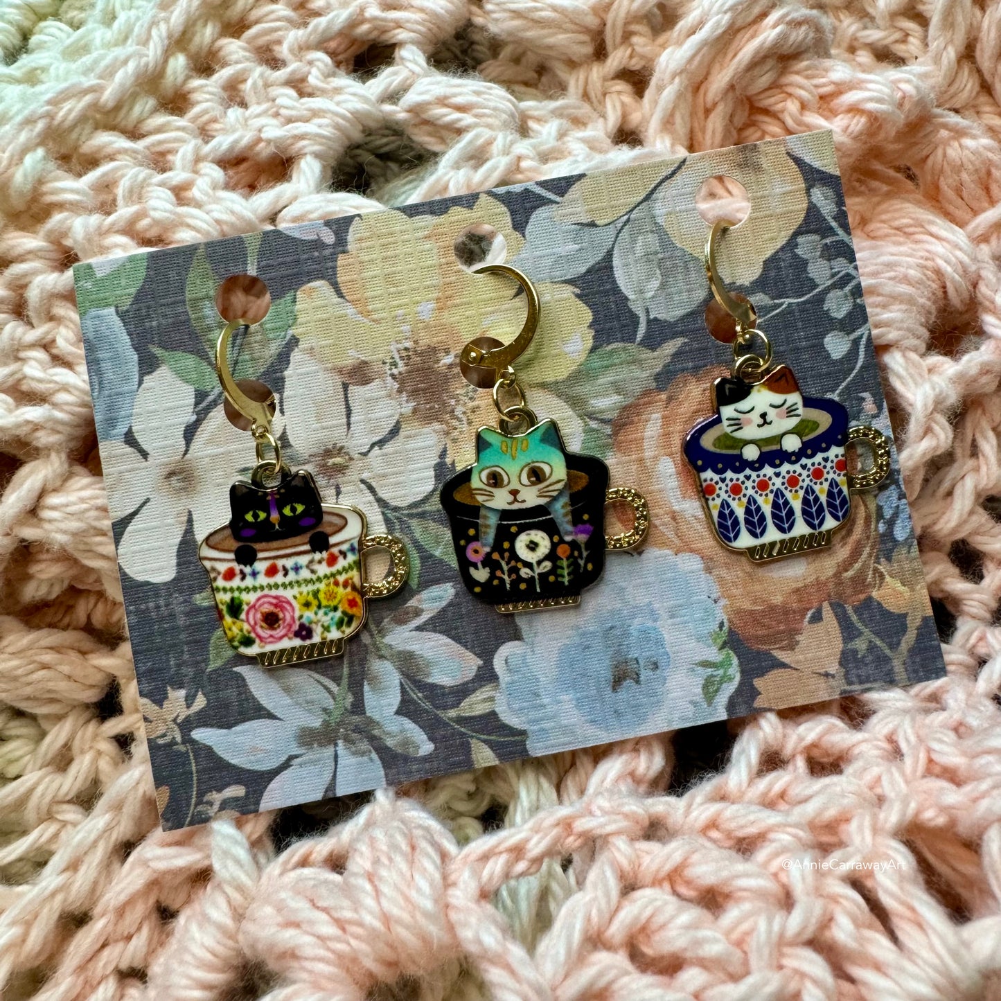 Tea Cup Cat Stitch Markers | 3 pack