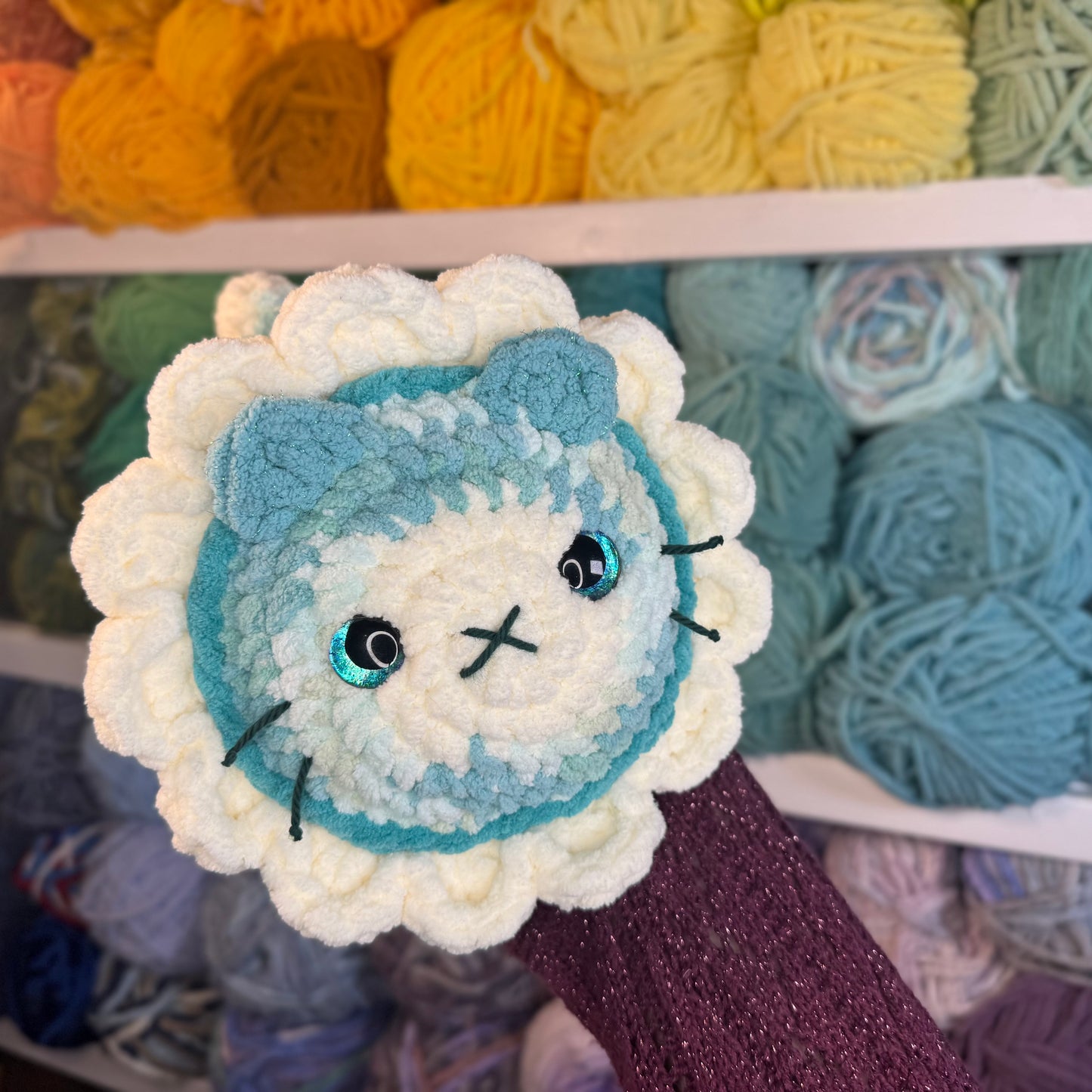 Blue Daisy Cat Crochet Plushie | Hand Painted Eyes