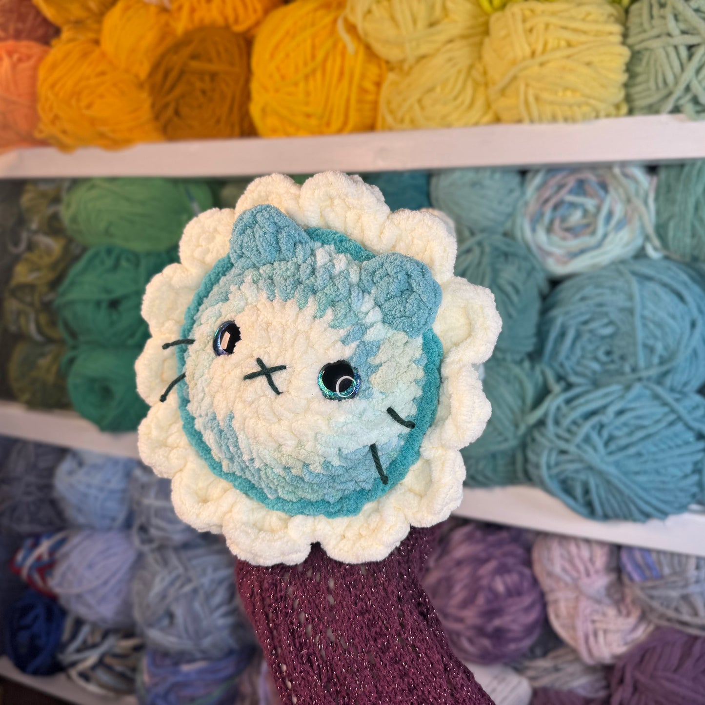 Blue Daisy Cat Crochet Plushie | Hand Painted Eyes