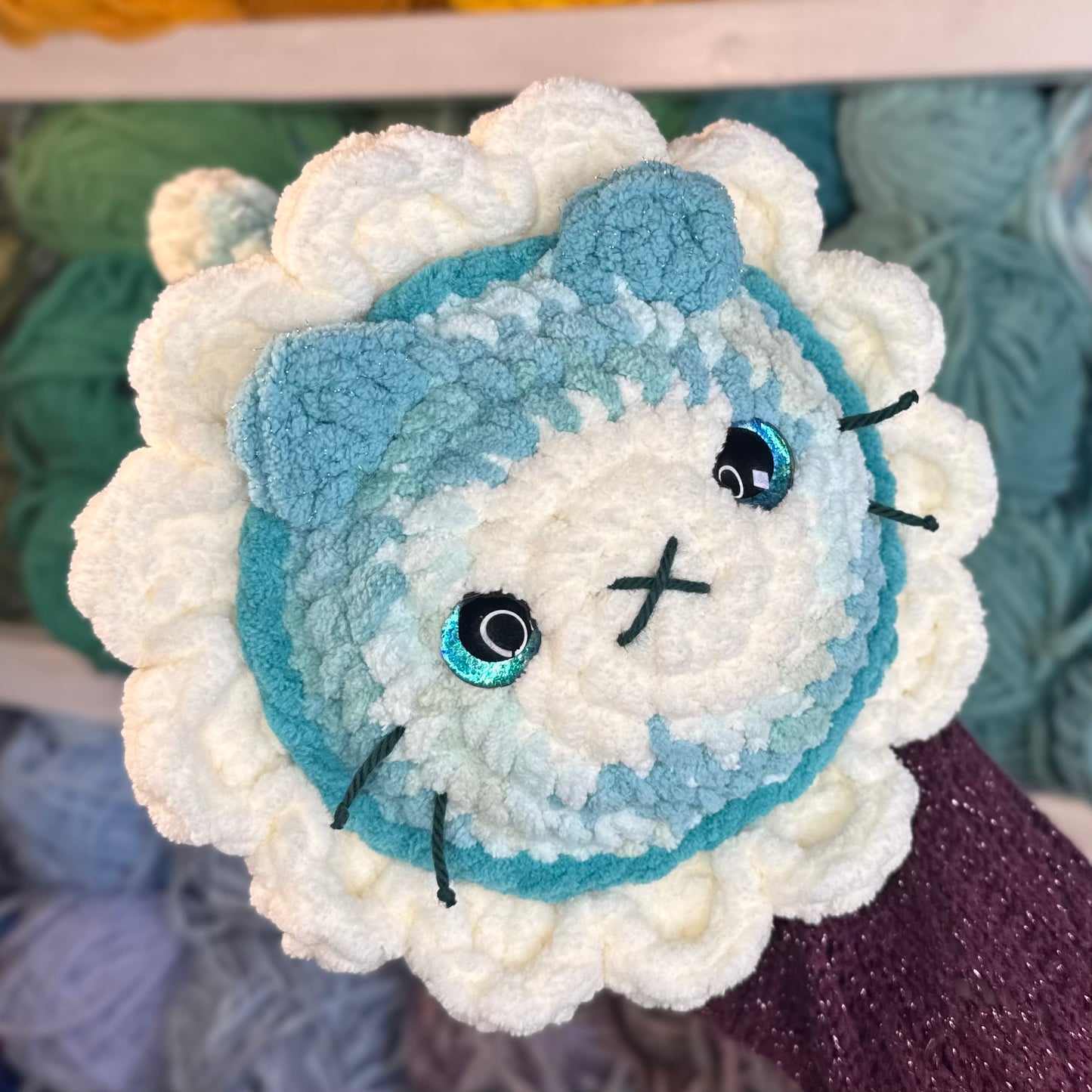 Blue Daisy Cat Crochet Plushie | Hand Painted Eyes