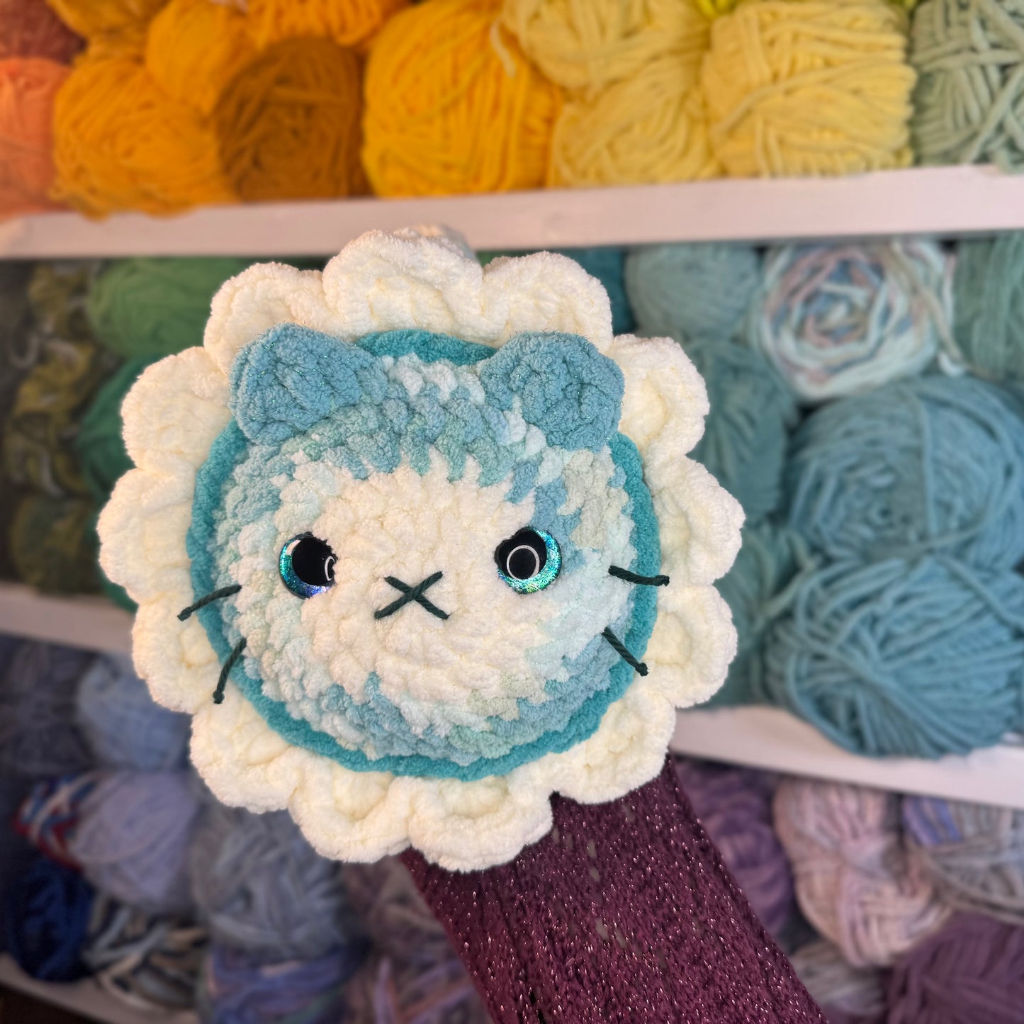 Blue Daisy Cat Crochet Plushie | Hand Painted Eyes