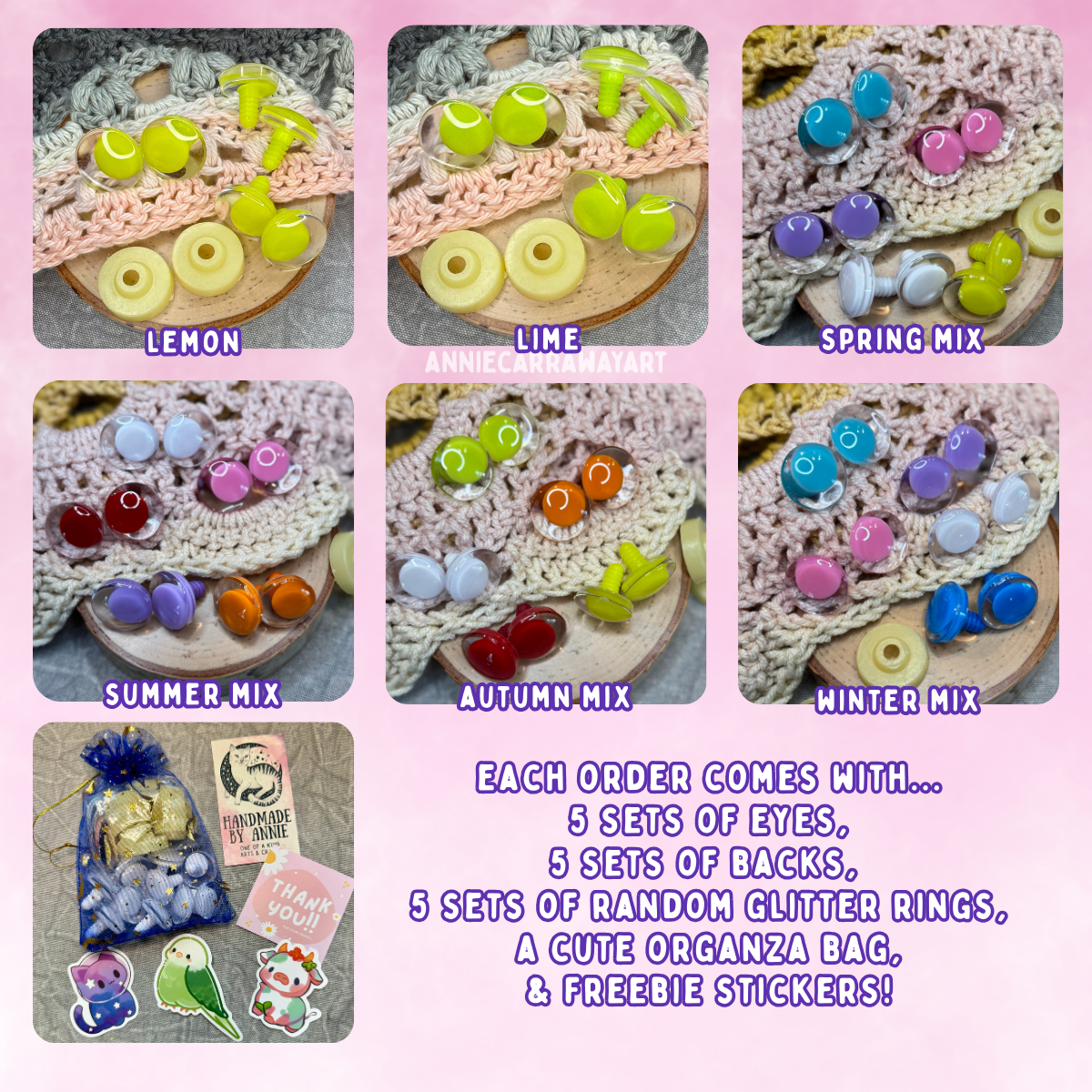 Kawaii Safety Eyes | Multiple Colors and Sizes | 5 Pairs with Glitter Backs