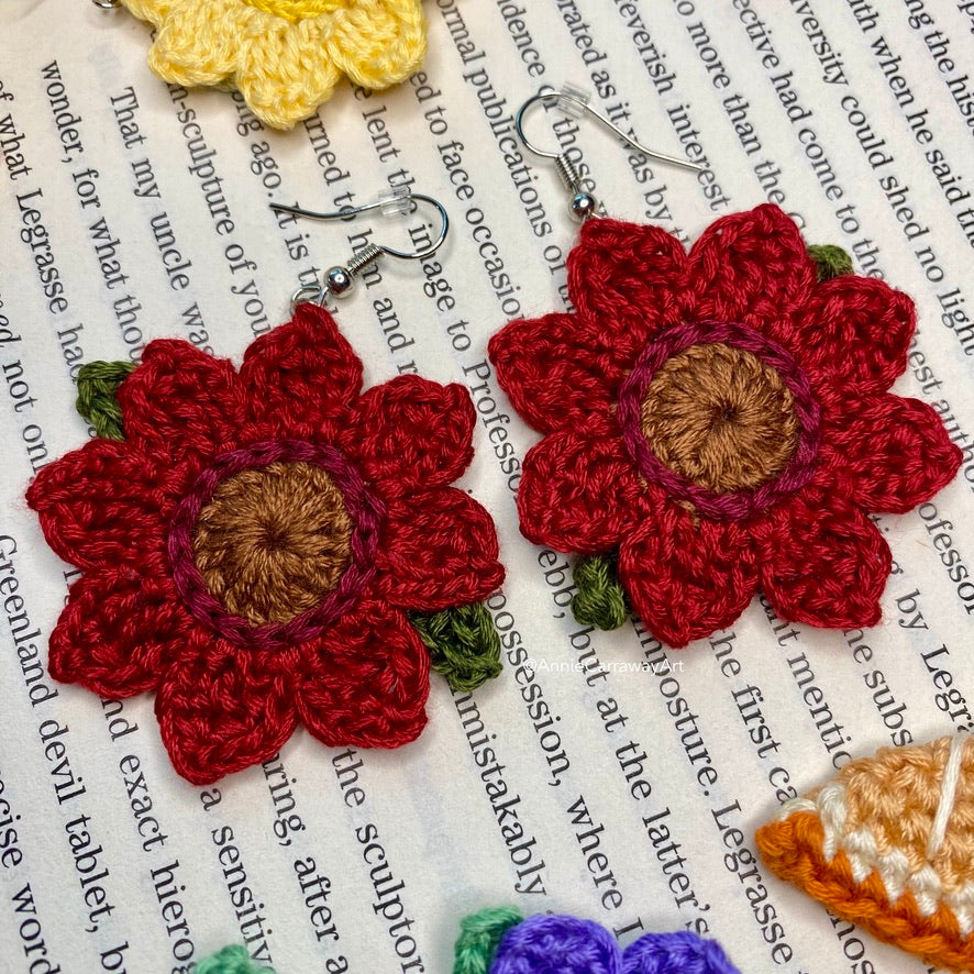 Rouge Sunflower Crochet Earrings