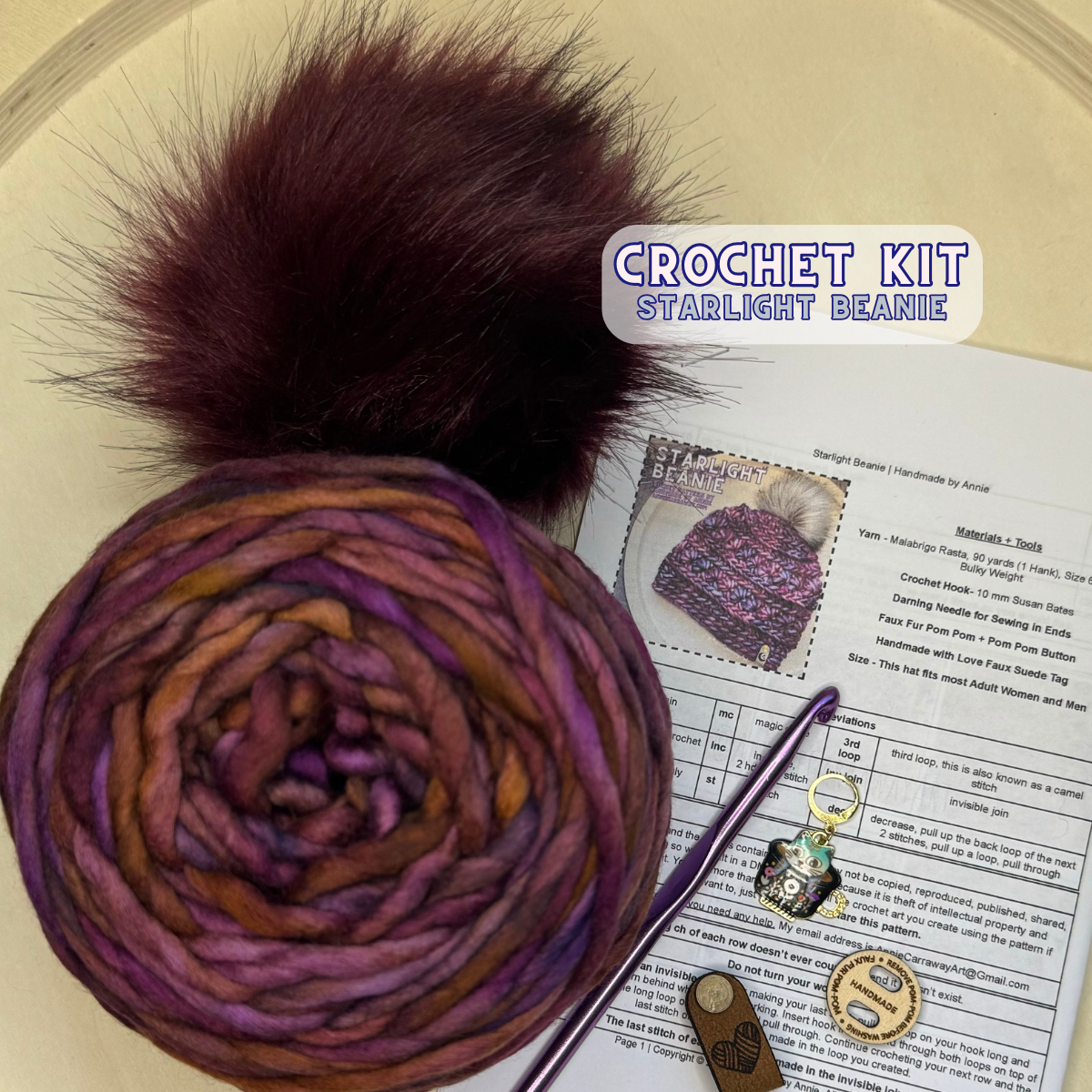 DIY Beanie Crochet Kit | Hand Dyed Merino Wool | # 2 | Neptuno + Plum