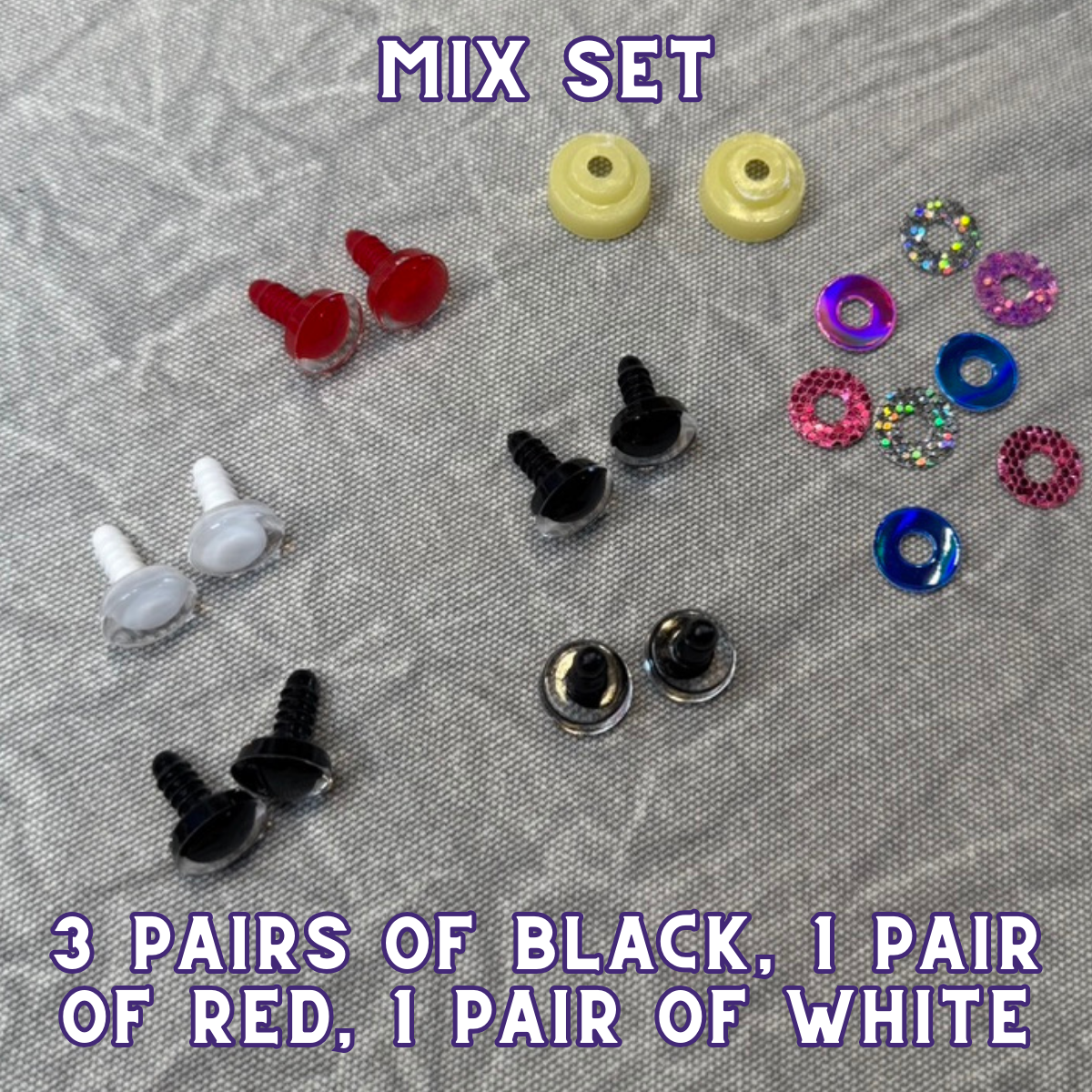 Kawaii Safety Eyes | Multiple Colors and Sizes | 5 Pairs with Glitter Backs