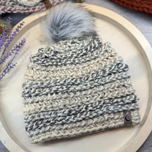 Handmade Winter Beanie | Wool Mix Yarn in the Color Fossil | Daybreak Design