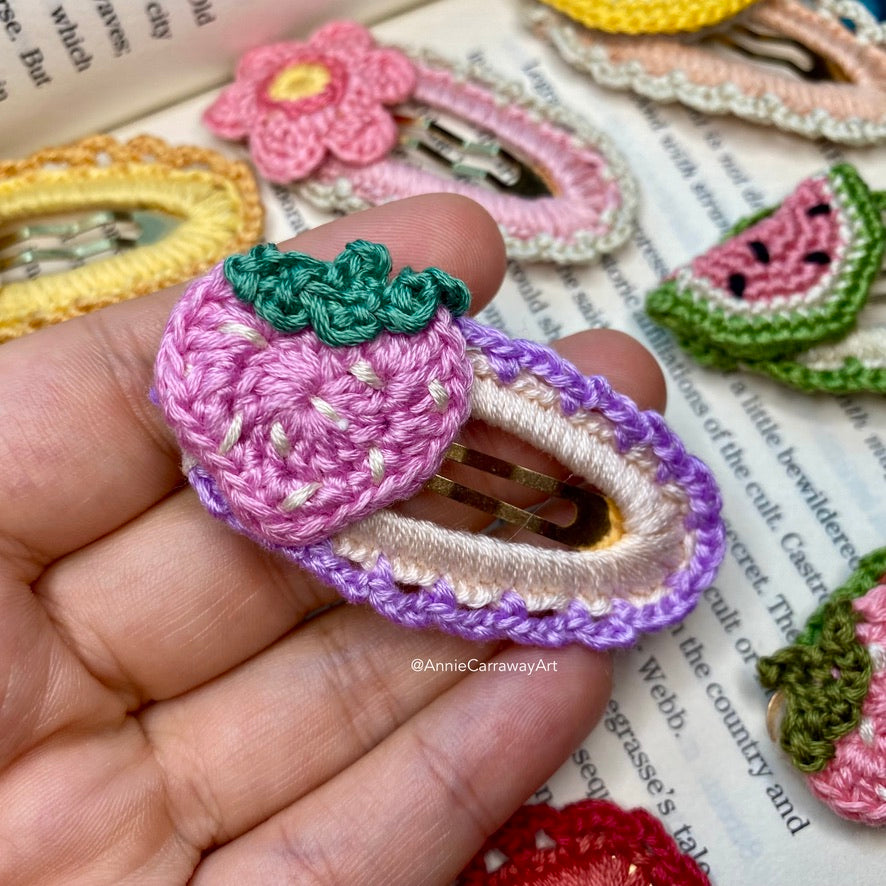 Strawberry Crochet Hair Clip | Purple & White