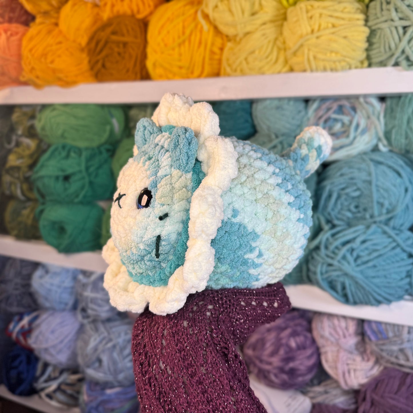Blue Daisy Cat Crochet Plushie | Hand Painted Eyes