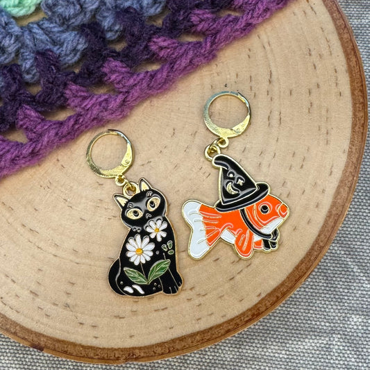 Witchy Cat and Fish Stitch Markers | 2 pack