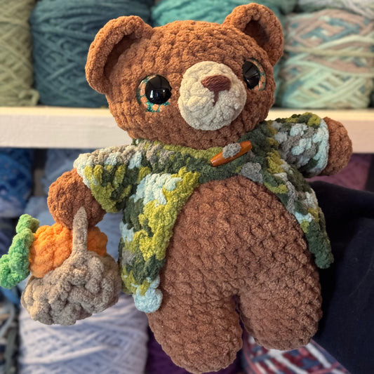 Farmers Market Bear Crochet Plushie | Hand Painted Eyes